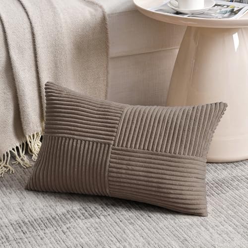 Image of Fancy Homi Set of 2, Light Brown Patchwork Corduroy Decorative Soft Striped Modern Accent Cushion Case Farmhouse Boho Neutral Throw Pillow Covers for Chair Couch Bed Sofa Living Room 20x12 Inch