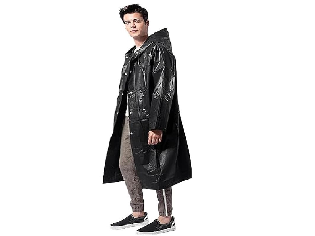 Mens EVA Plain Transparent Rain Coat Hooded Outdoor Water Resistant Portable Raincoat Suit (Black)