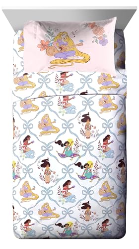 Image of Disney Princess Twin Comforter Set 5 Piece Kids Bedding for Girls, Pink | Cinderella Rapunzel Belle, Bed in a Bag, Comforter Sheets Sham Pillowcase, Soft Microfiber, Machine Washable, Girls Gift