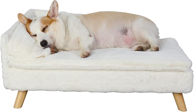 BingoPaw Elevated Dog Sofa Bed: L Shaped Raised Dog Lounger Couch with Durable Wooden Legs - Nordic Plush Fur Pet Chair Bed with Soft Removable Cushion Mat and Pillow L(80x50cm)