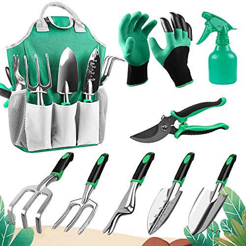 Garden Tools Set Water BOGER - 9 Piece Gardening Tool Kit with Heavy Duty Aluminum Hand Tool and Digging Claw Gardening Gloves, Storage Tote Bagï¼ŒGifts for Men Women