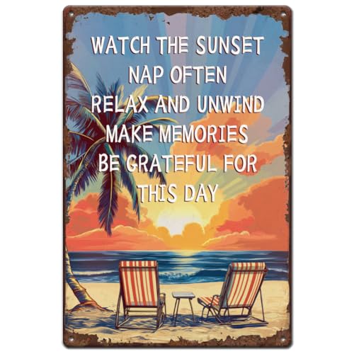 SUPERDANT Beach Metal Signs Beach Sunset Tin Sign Ocean Wall Plaques Inspirational Quotes Poster Art for Man Cave Bedroom Living Room Home Summer Vintage Decor