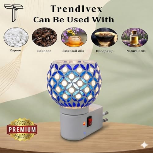 Image of Electric Kapoor Dani with Night Lamp & Camphor Diffuser - Premium Ceramic Dhoop Burner for Pooja, Home & Office. Versatile Electric Aroma Burner for Aromatherapy & Repellent. (Blue)