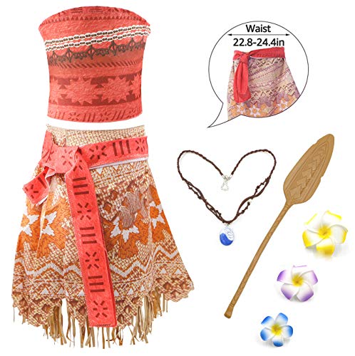 Moana Mädchen Kostüm Vaiana Prinzessin Kleid Abenteuer Verkleidung Rock Set Prinzessin Kleid mit Halskette ,Flower and Oar für Kinder Party Cosplay Halloween Geburtstag Karneval (160/9-10 Jahre)