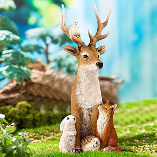 Garden Statue For Outdoor Decor, 12" Resin Deer Figurine + 4 Cute Animals Sculpture Imply Peace, Love And Friendship - Great For Patio, Balcony, Yard Lawn Decoration, Housewarming Garden Gift #TOP5