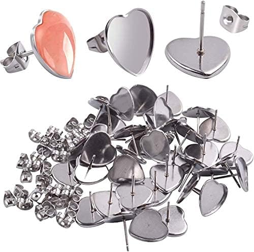 Aylifu Earring Cabochon Settings, 40 Pieces Cabochon Stud Earrings Blank Heart Shape Earring Bezel Tray with 40 Pieces Butterfly Earring Safety Backs for Jewelry Making