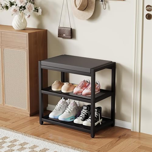 Image of Shoe Rack Bench with Seat | Metal Shoe Organizer Storage Rack for Hallway Bedroom Living Room with Comfortable Seat Cushion (Grey)