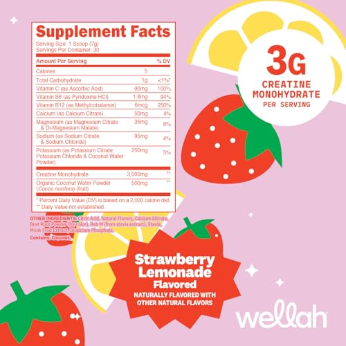 Image of Wellah Creatine + Electrolytes Powder (Strawberry Lemonade) 30 Servings - Hydration Drink Mix with 3g of Creatine Monohydrate
