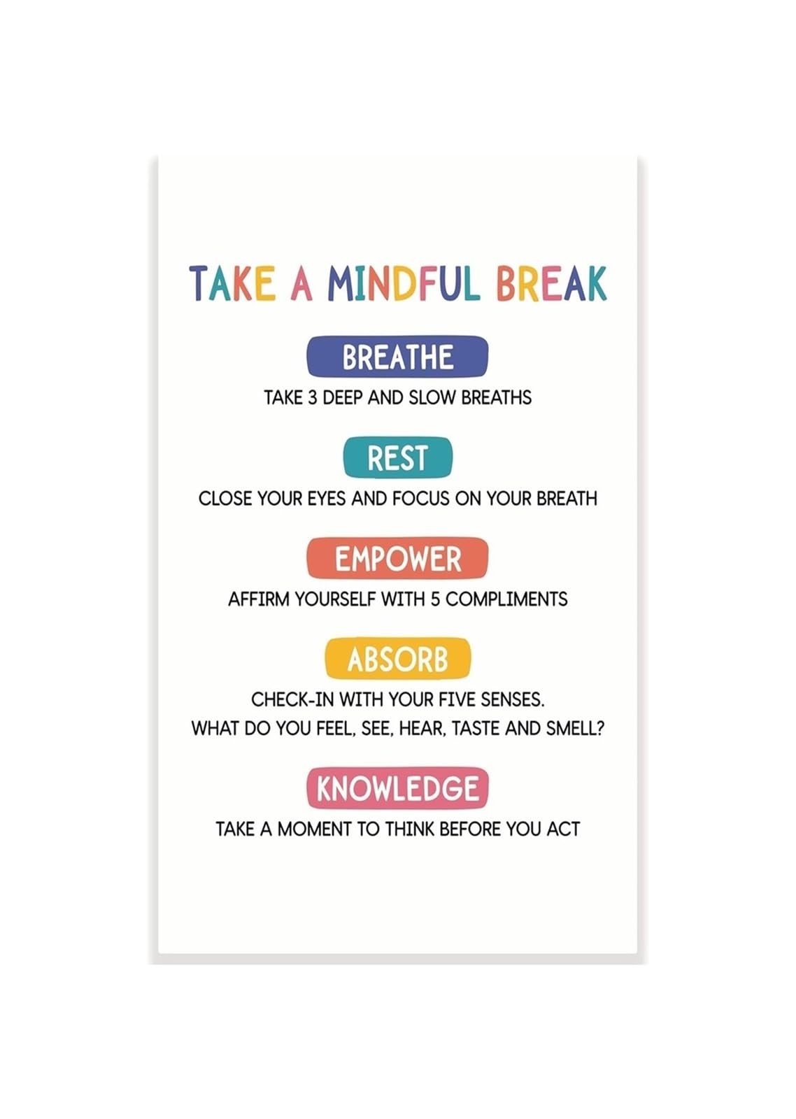 Take A Mindful Break Classroom Poster Mindfulness Calm Down Strategies for Therapist Office Counselor SEL Classroom Decor Self Care Mental Health Wall-Art