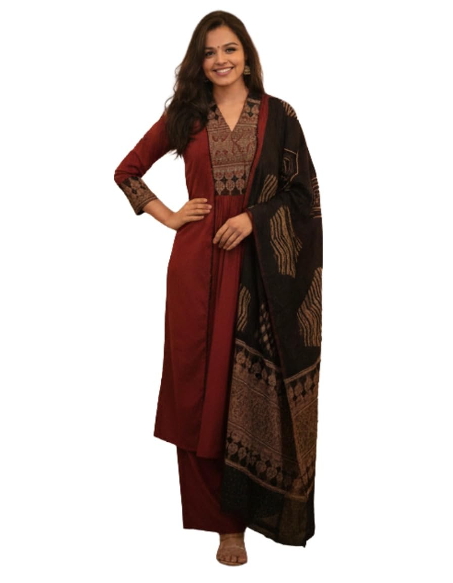 ANNI Designer Kurta droite imprimée en rayonne viscose avec palazzo et dupatta pour femme