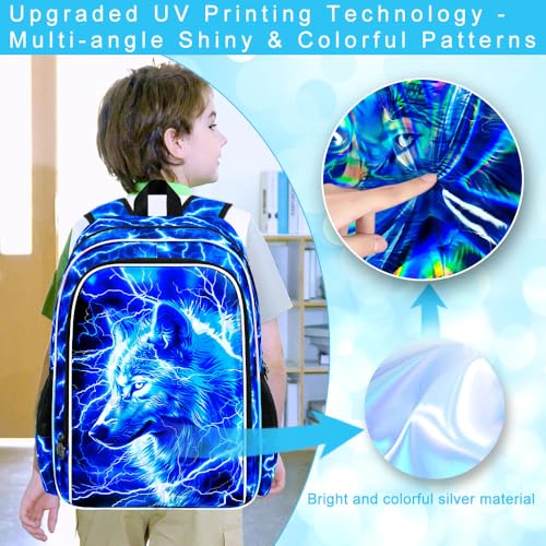 Image of 3Pcs Wolf Backpack for Boy, 17 inch Lightning Bookbag for Elementary Preschool Kindergarten, Kids School Backpacks with Lunch Box (Blue)