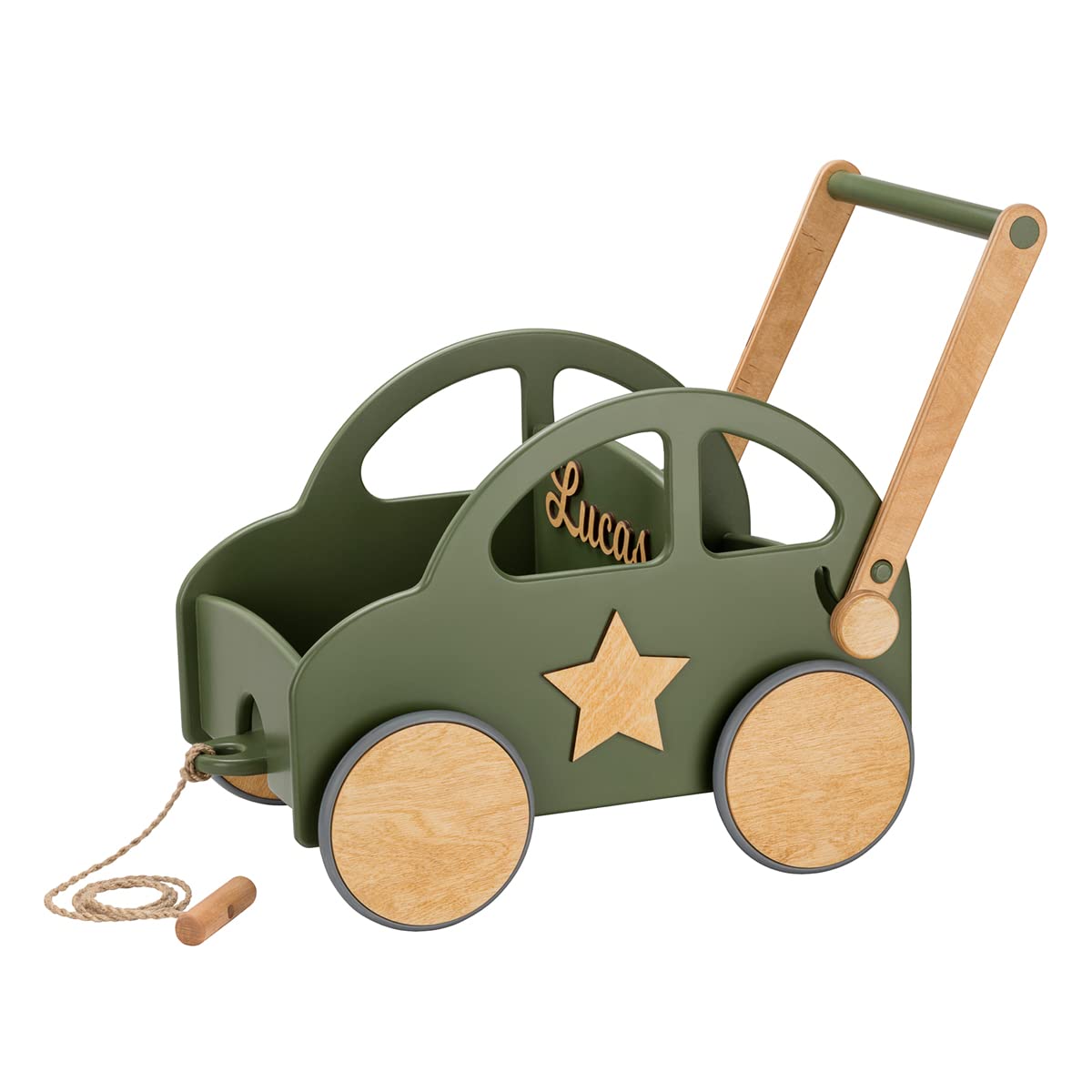 Passeggino Per Bambole In Legno First Road Personalizzabile Con Nome – Giocattolo Sicuro Con Ruote Silenziose, Colore Cachi - 3