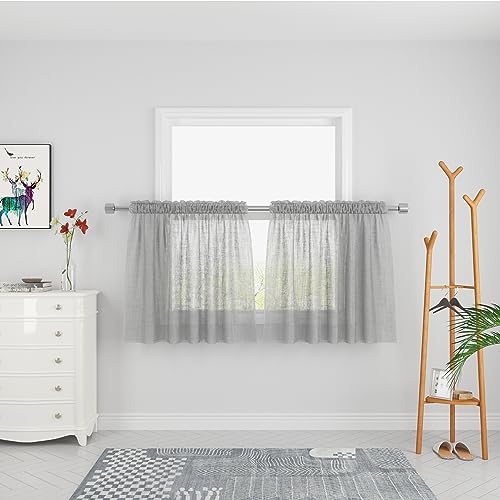 UPOPO Grey Sheer Tier Curtains 24 inches Long Voile Kitchen Tiers Cafe Curtains Bathroom Short Curtain for Door Window Small Curtain Panels Half Window Curtains 2 Panels Rod Pocket