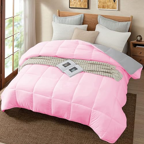 Image of Quilt for All Season 150 GSM Comforter Duvet /Ac Blanket Single Bed Soft Microfiber Lightweight (60 inch X 90 inch Inches) - Single Bed Comforter - Baby Pink /Silver Grey Color