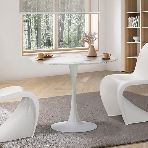 Oikiture 90cm Dining Table with Marble Top and Metal Leg, Round Kitchen Table White