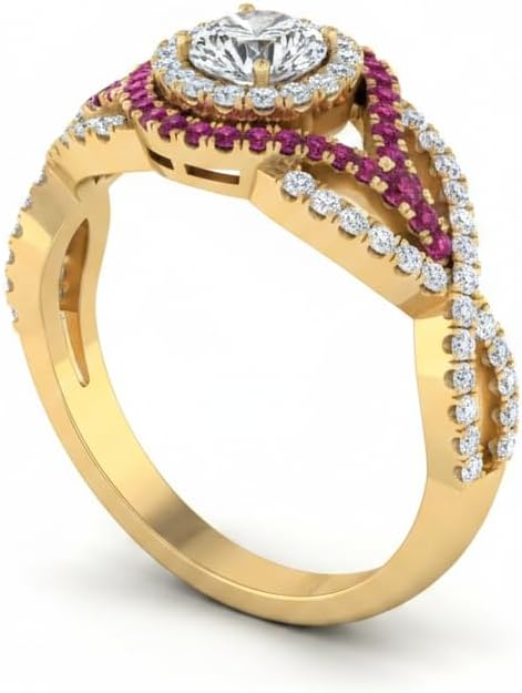 Choose Your Gemstone Round Twisted Pave Double Halo Diamond CZ Ring Yellow Gold Plated Round Shape Double Halo Engagement Ring for Women, and Ladies US Size 4 to 12
