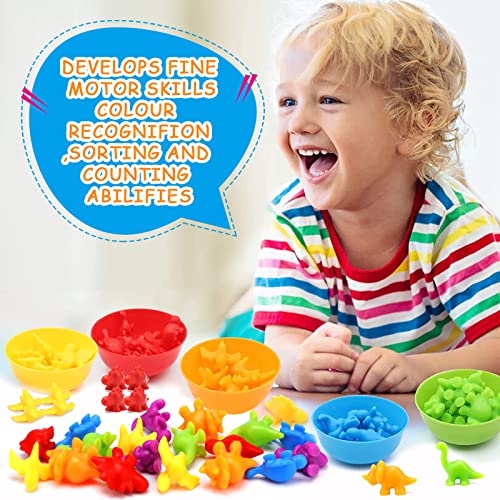 MOOING Farben Lernen ab 3-5Jahre, 48pcs Montessori Mathe Spielzeug, Motorikspielzeug Dinosaurier Zählen, Mathe Lernspielzeug mit Passenden Bechern Und Pinzetten, Jungen Spielzeug Geschenk
