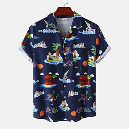Chemise hawaïenne hommes bleu marine à manches courtes boutons et motif imprimé tropical Aloha