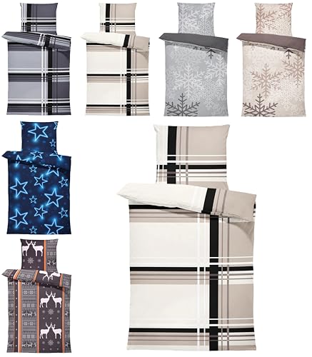 one-home Winter Biber Bettwäsche Baumwolle Kuschelig Flauschig Warme Weiche Bettbezüge Modern, Größe:4 teilig 155x220 cm, Farbe:Grafisch Gestreift beige