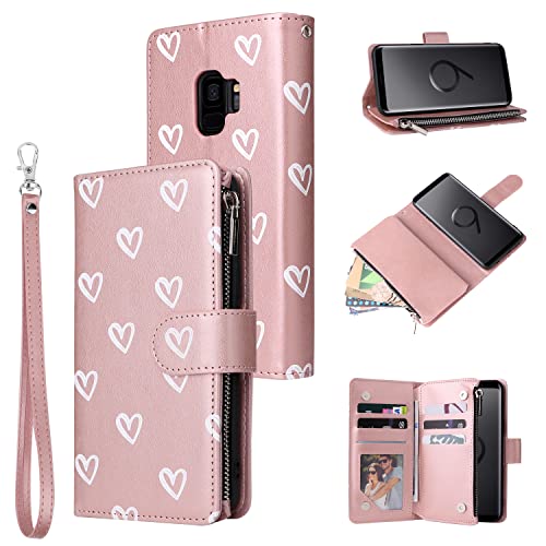 UEEBAI Wallet Case for Samsung Galaxy S9, PU Leather Case Magnetic Closure Handbag Zipper Pocket Case Kickstand Card Slots with Hand Strap Marple Flip Case for Women - Rose Gold Heart