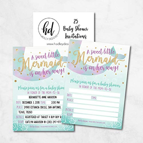 25 Mermaid Baby Shower Invitations, Sprinkle Invite For Girl, Under The Sea Nautical On Her Way, Cute Gold Printed Fill Or Write In Blank Printable Card, Unique Modern Coed Twin Party Paper Supplies #TOP1
