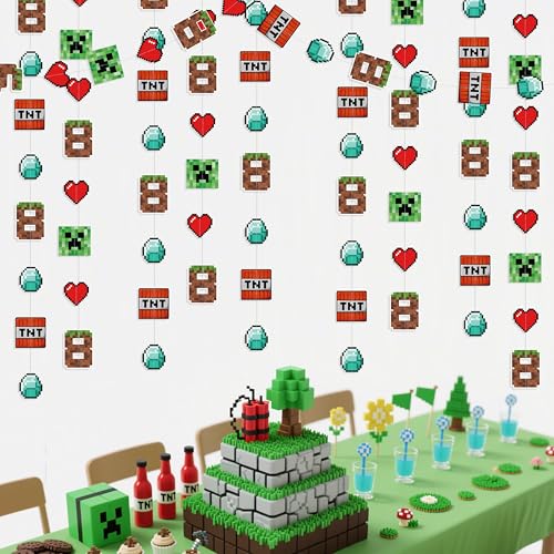 Image of 46Ft Pixel 8th Birthday Party Decorations Green Brown Miner Themed Garland Streamer for Kids Boys 8th Mining Craft Birthday Pixel Miner Gamer Cartoon Baby Shower Mining Party Decor Supplies