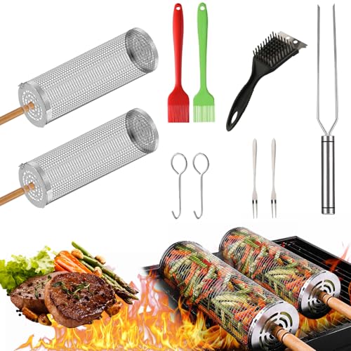 Rolling Grilling Baskets for Outdoor Grill, 2PCS 304 Stainless Steel Rolling Grill Baskets with Removable Wooden Handle for Grilling Fish, Shrimp, Vegetables, BBQ Accessories Tools