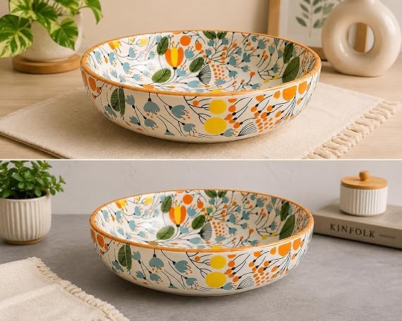 Image of Niyara Stoneware Handmade Ceramic Stylish Premium Serving Bowls /Salad Tray Microwave Dishwasher Safe (Premium Orange Floral Print Bowl Set of 2)