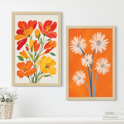 Image of ArtX Paper Floral Art Paintings with Frame for Home Decor, Flowers Wall Painting for Living Room, Multicolor, Natural Wood Color Frames, Set of 2