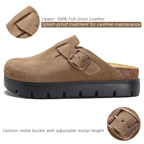Image of Women's Suede Platform Clogs Leather Mules Slip On Indoor Outdoor Shoes | Arch Support, Cork Footbed, Adjustable Buckle,Water Resistant Upper,All Day Comfort