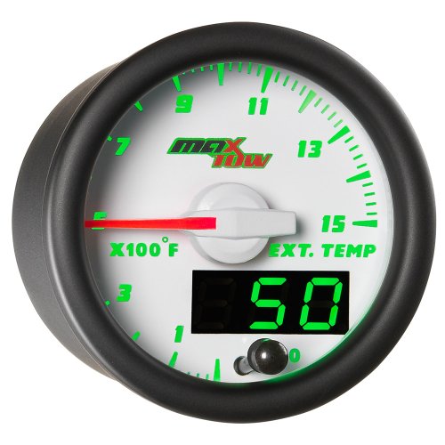 MaxTow Double Vision 1500 F Pyrometer Exhaust Gas Temperature EGT Gauge Kit - includes Type K Probe - White Gauge Face - Green LED Dial - Analog & Digital Readouts - for Diesel Trucks - 2-1/16
