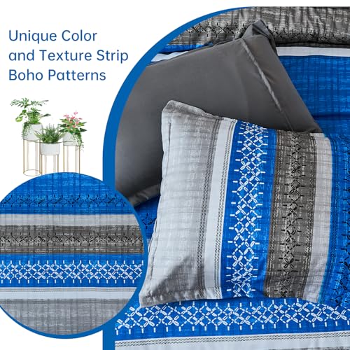 Image of Dintszyayue Blue Queen Comforter Size Set, 8 Pieces Boho Striped Texture Bed in a Bag Sets, Lightweight Soft Bohemian Comforter and Sheet Set, All Season Microfiber Bedding Sets for Men Women