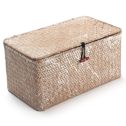 Rattankorb Aufbewahrungskorb aus Seegras mit Deckel Natürliches Material (Weißwäsche Mittel 30cmx18cmx15cm H) – Ansicht 1