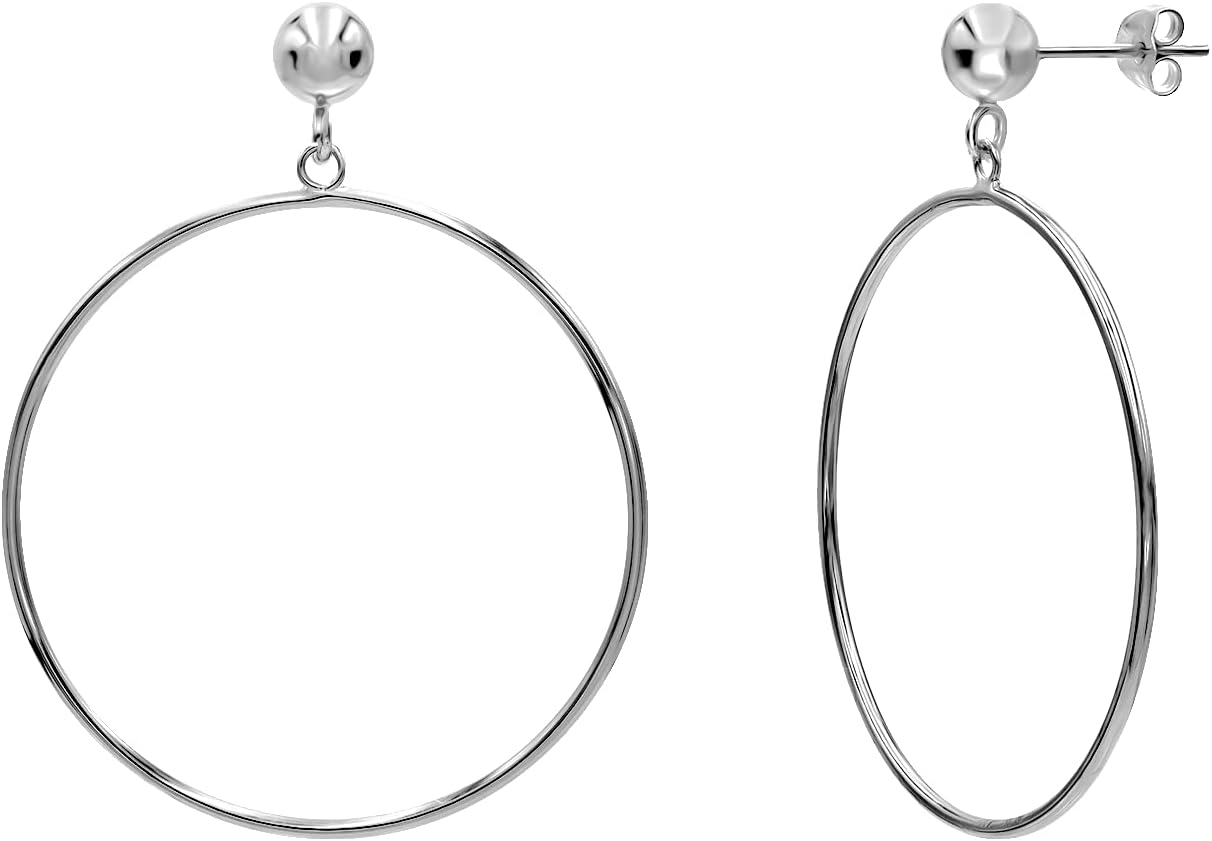 Sterling Silver Polished Open Round Drop Hoop Earrings 5mm Bead Post Dangle Earrings for Women