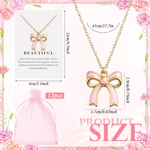 Tondiamo 12 Pcs Pink Bow Party Favors Bow Necklace Gift Bulk Women Dainty Coquette Bowknot Ribbon Jewelry Pendant with Gift Card and Storage Bag for Mother Wife Sister Friends2