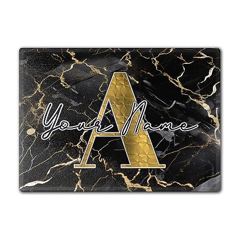 Bleu Reign Personalized Cutting Board Custom Name Marble Effect Pattern Design Bold Black Marble Textured Glass (Display Stand Included) Cover