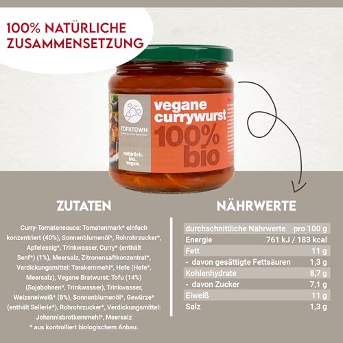 TofuTown Vegane Currywurst im Glas 6x350g – Geschmack wie das Original, perfekt gewürzt, nachhaltig & ohne künstliche Zusätze – Hochwertiger Fleischersatz aus natürlichen Zutaten