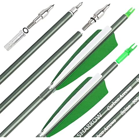surwolf 31" Carbon Arrows Archery Hunting Arrows 500 Spine with Feathers Fletched Target Practice Arrows for Archery Compound & Recurve & Long Bow 6/12pcs (6pcs, Arrows only, Green) Cover