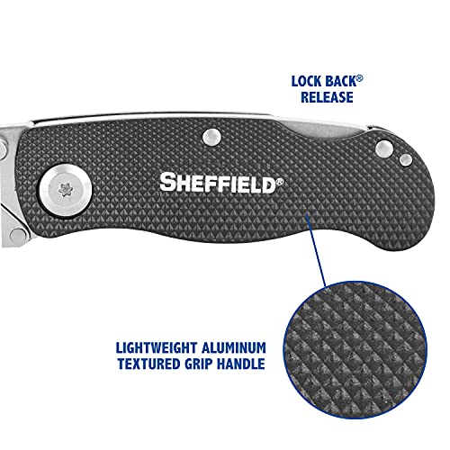 Image of Sheffield Folding Utility Knife, Accepts Standard Utility Knife Blades, Box Cutter Aluminum Handle, Razor Blades Included, For Home, Office, Trades, and Warehouse