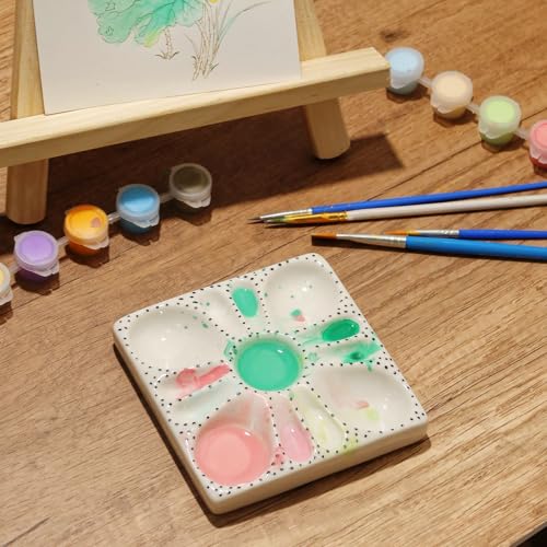 Image of Flower Ceramic Palette for Watercolor, Polka Dots & Bevel Groove Design | Porcelain Mixing Tray, Compact Nail Art Diamond Storage & Jewelry Plate, Makeup Eyeshadow Testing Palette, Painting Gift