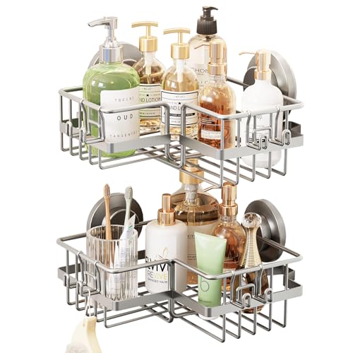 TAILI Corner Adaptive Suction Cup Shower Caddy 2 Pack, Stainless Steel Rustproof Corner Shower Shelves, Drill-Free Wall Mounted Baskets, Large Capacity Removable Suction Cup Bathroom Organizer, Gray