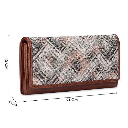 Image of THE CLOWNFISH Sharon Collection Tapestry Fabric & Faux Leather Snap Flap Closure Womens Wallet Clutch Ladies Purse with Multiple Card Holders (White-Checks)