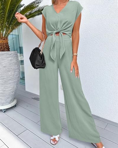 Image of PRETTYGARDEN Women's Summer 2 Piece Outfits 2026 Cap Sleeve V Neck Belted Crop Tops Wide Leg Pant Sets Casual Tracksuit