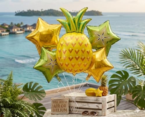 Image of Atpata Funky Fruit Theme Golden Pineapple Happy Birthday Foil Balloons 7pcs. Set for Summer Birthday Party Decoration