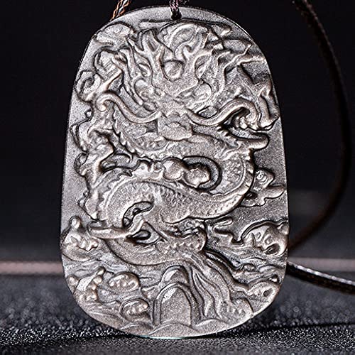 Natural Crystal silver Obsidian Dragon Necklace Amulet Pendant with Adjustable Bead Chain for Men4
