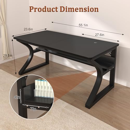 Image of 47 inch Computer Desk, Home Office Desk with Storage Shelf, Sturdy U-Shaped Metal Frame Study Table with Cable Management, Gaming Desk for Office & Bedroom (Carbon Fiber Black, 47inch)