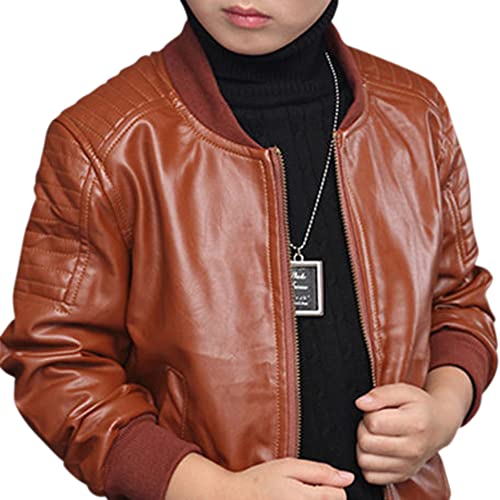 Image of Hopscotch Boys PU /PVC (Faux Leather) Solid Full-Sleeve Track Jacket in Brown Color