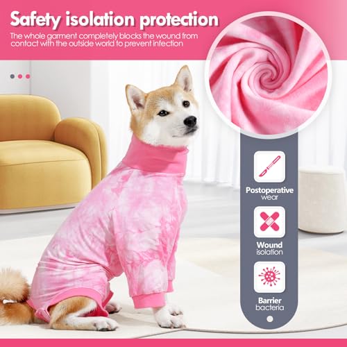 Image of Dog Surgical Recovery Suit Tie-Dye Pet Surgery Shirt for Male Female Dogs, Dogs Recovery Onesie Body Suit Shirt for Spay Neuter Abdominal Wounds Dog Cone E-Collar Alternative Prevent Licking, Pink XL