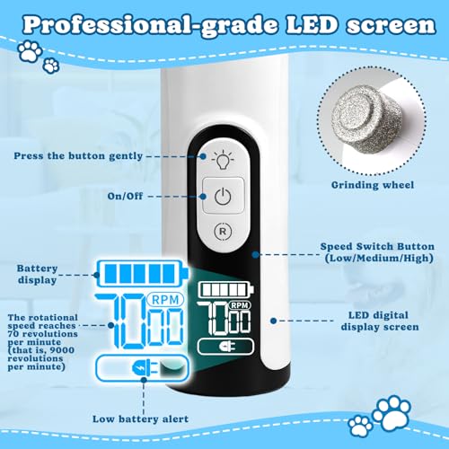 Pet Nail Grinder for Dogs & Cats – Quiet 3-Speed Electric Filing Tool with Safety Guard, LED Light & 2 Replaceable Grinding Heads - Image 5