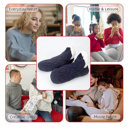 Image of Women Knitted Slipper Socks Cozy Sherpa Fuzzy Socks Non Slip Socks Winter Indoor Double Layer Bedroom Slipper Socks